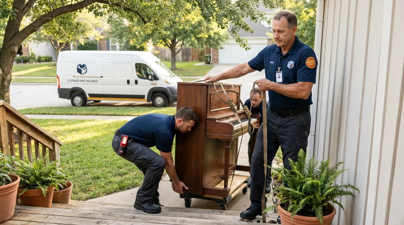 Licensed piano movers securing grand piano in Hartselle, AL