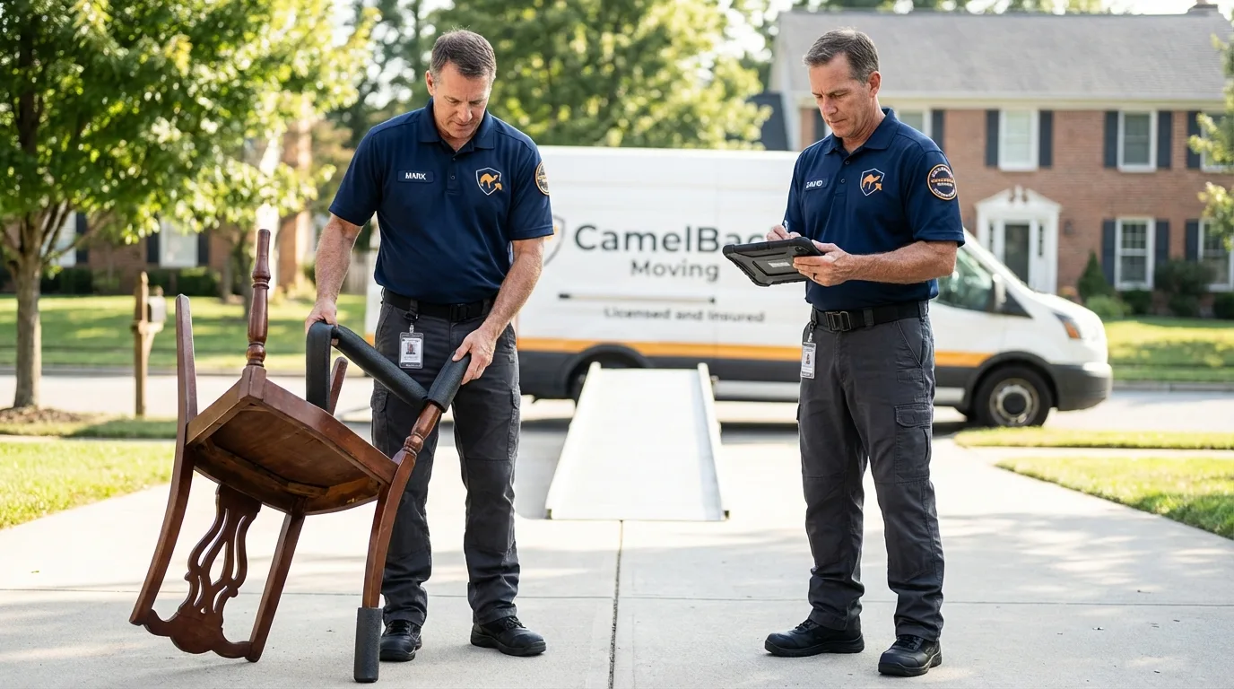 Movers inspecting furniture for damage prevention before loading in Hartselle, AL
