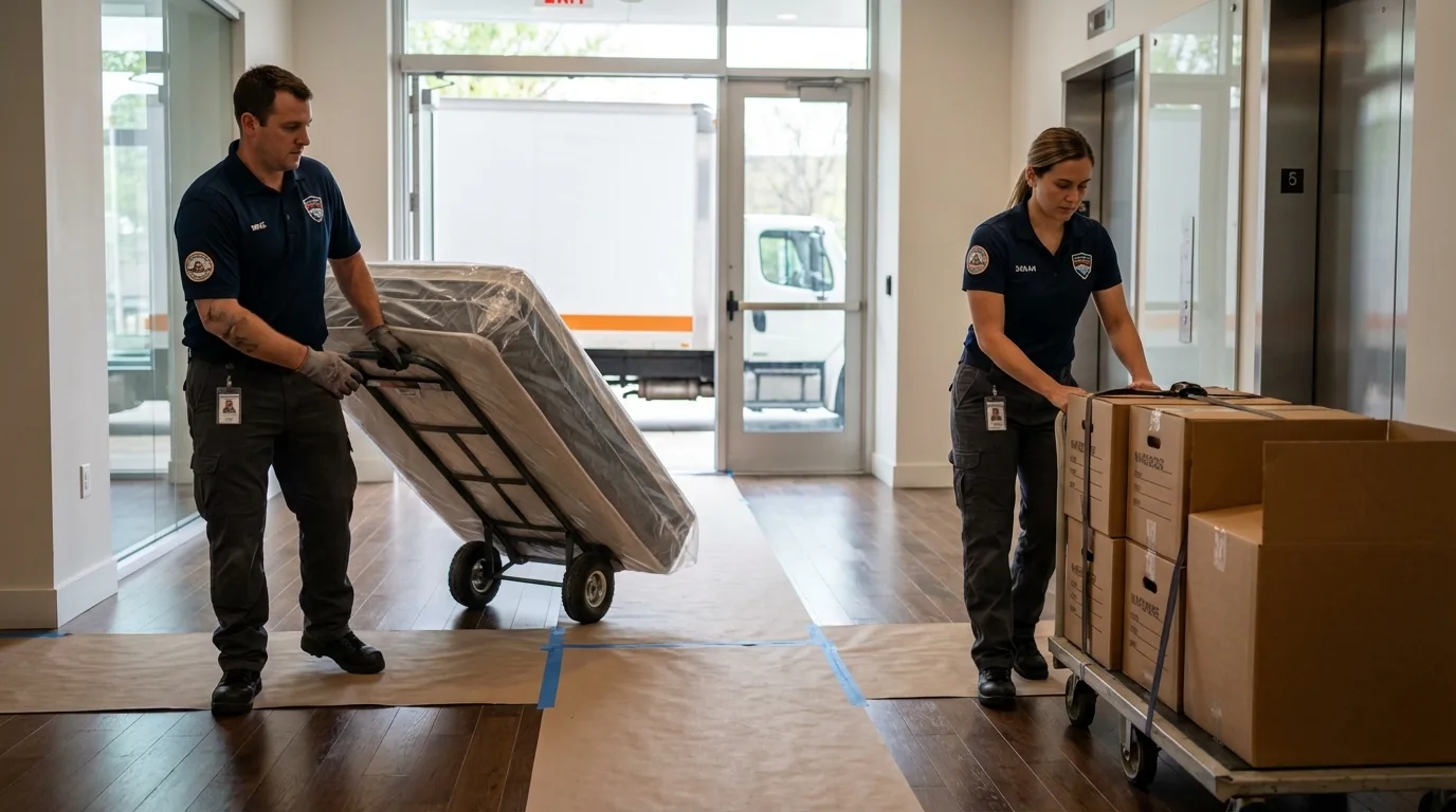 Professional apartment movers loading elevator in Hartselle, AL